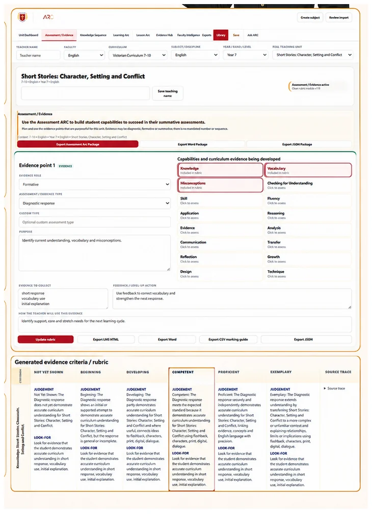 ARC Assessment and Evidence interface