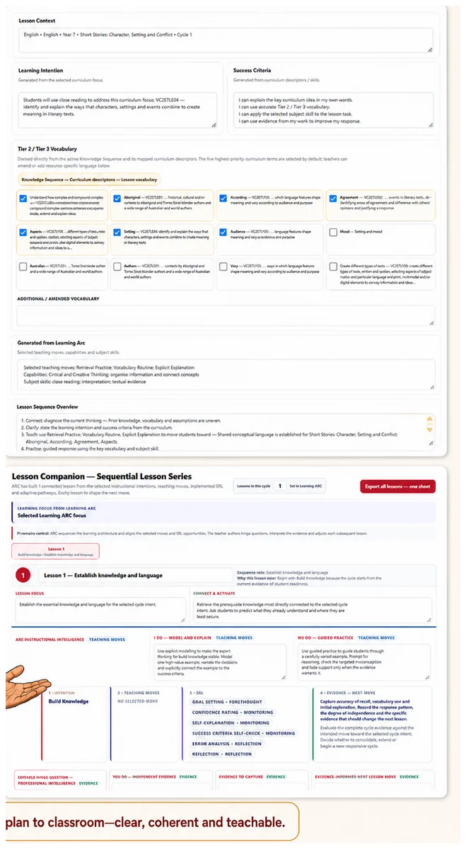 ARC Lesson Arc interface showing the learning sequence and Lesson Companion